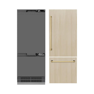ZLINE Autograph Edition 30 in. 16.1 cu. ft. Panel Ready Built-In Bottom Freezer Refrigerator with Water Dispenser and Ice Maker with Graphite Gray Interior and Polished Gold Accents (GRBIVZ-30-G) front, closed, next to custom panels with handles installed.
