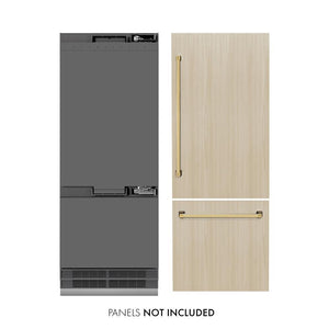 ZLINE Autograph Edition 30 in. 16.1 cu. ft. Panel Ready Built-In Bottom Freezer Refrigerator with Water Dispenser and Ice Maker with Graphite Gray Interior and Polished Gold Accents (GRBIVZ-30-G) front, next to custom panels and handles. Text: Panels not included.
