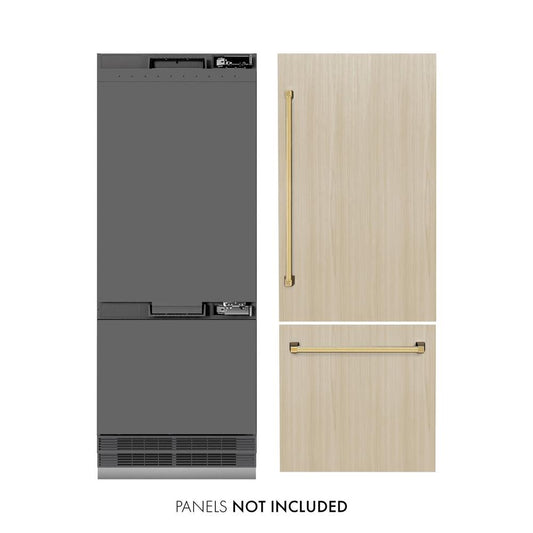 ZLINE Autograph Edition 30 in. 16.1 cu. ft. Panel Ready Built-In Bottom Freezer Refrigerator with Water Dispenser and Ice Maker with Graphite Gray Interior and Polished Gold Accents (GRBIVZ-30-G) front, next to custom panels and handles. Text: Panels not included.