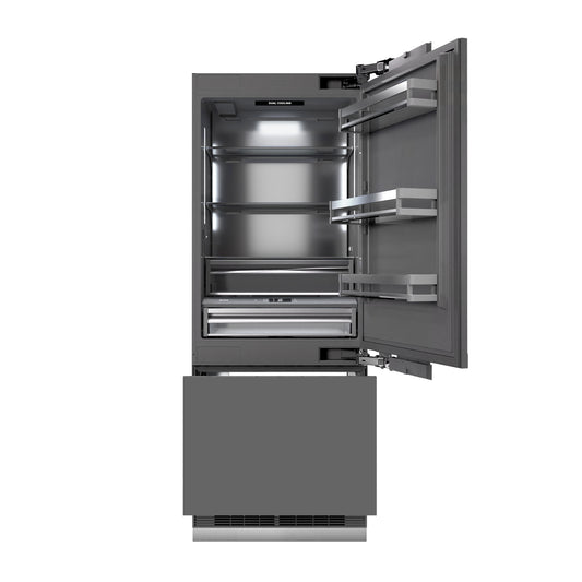 ZLINE Autograph Edition 30 in. 16.1 cu. ft. Panel Ready Built-In Bottom Freezer Refrigerator with Water Dispenser and Ice Maker with Graphite Gray Interior and Matte Black Accents (GRBIVZ-30-MB) front, bottom freezer drawer and refrigeration compartment open.