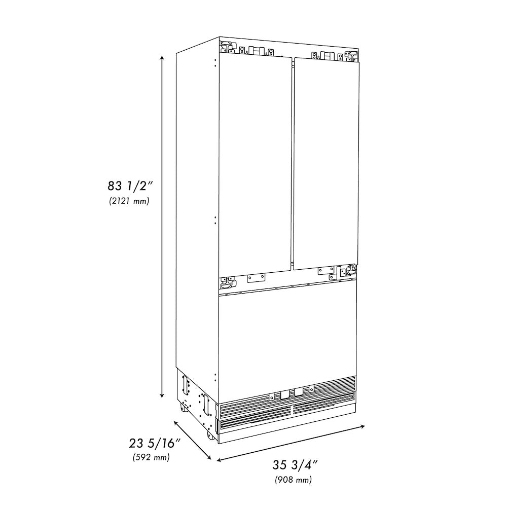 ZLINE Autograph Edition 36 in. 19.6 cu. ft. Panel Ready French Door Built-In Bottom Freezer Refrigerator with Water Dispenser and Ice Maker with Graphite Gray Interior and Champagne Bronze Accents (GRBIVZ-36-CB) dimensional diagram.