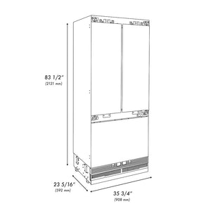 ZLINE Autograph Edition 36 in. 19.6 cu. ft. Panel Ready French Door Built-In Bottom Freezer Refrigerator with Water Dispenser and Ice Maker with Graphite Gray Interior and Champagne Bronze Accents (GRBIVZ-36-CB) dimensional diagram.