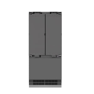 ZLINE Autograph Edition 36 in. 19.6 cu. ft. Panel Ready French Door Built-In Bottom Freezer Refrigerator with Water Dispenser and Ice Maker with Graphite Gray Interior and Champagne Bronze Accents (GRBIVZ-36-CB) front, no panels, closed.