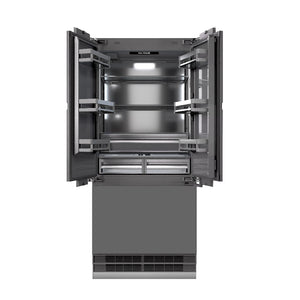 ZLINE Autograph Edition 36 in. 19.6 cu. ft. Panel Ready French Door Built-In Bottom Freezer Refrigerator with Water Dispenser and Ice Maker with Graphite Gray Interior and Champagne Bronze Accents (GRBIVZ-36-CB) front, no panels, open.