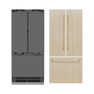 ZLINE Autograph Edition 36 in. 19.6 cu. ft. Panel Ready French Door Built-In Bottom Freezer Refrigerator with Water Dispenser and Ice Maker with Graphite Gray Interior and Champagne Bronze Accents (GRBIVZ-36-CB) front, closed, next to custom panels with handles installed.