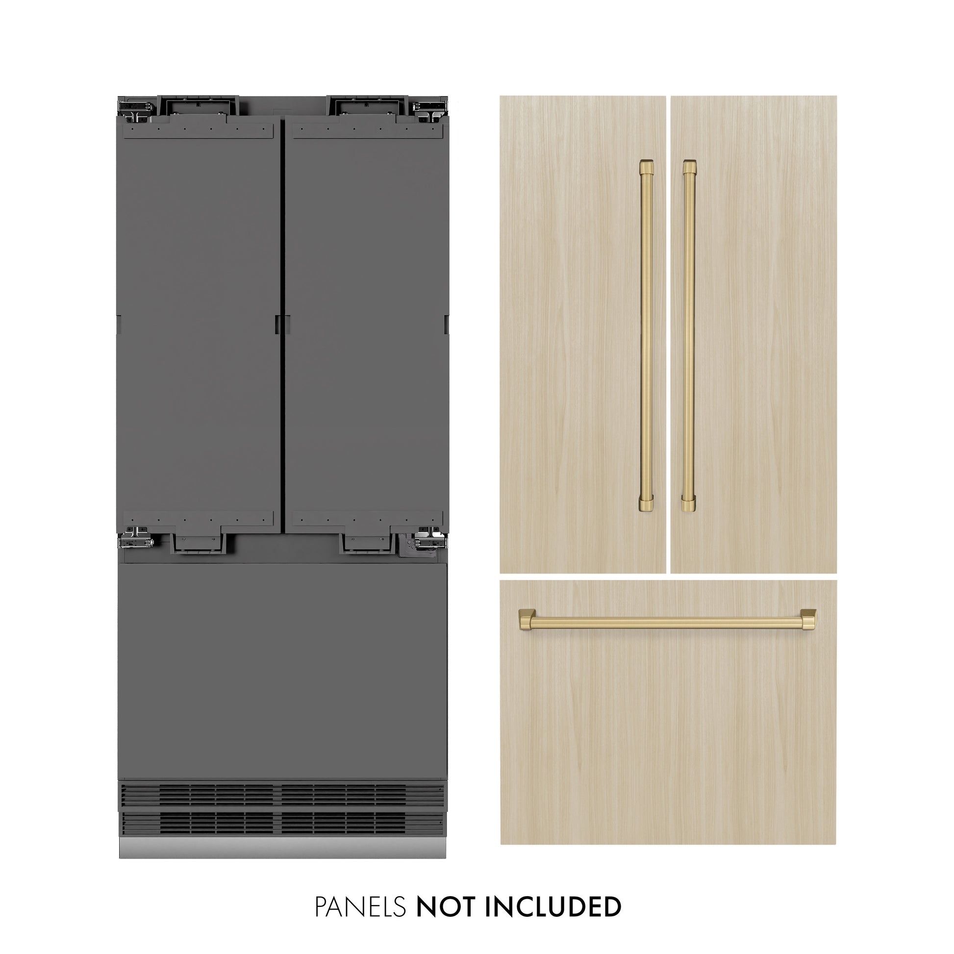 ZLINE Autograph Edition 36 in. 19.6 cu. ft. Panel Ready French Door Built-In Bottom Freezer Refrigerator with Water Dispenser and Ice Maker with Graphite Gray Interior and Champagne Bronze Accents (GRBIVZ-36-CB)