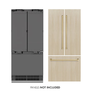 ZLINE Autograph Edition 36 in. 19.6 cu. ft. Panel Ready French Door Built-In Bottom Freezer Refrigerator with Water Dispenser and Ice Maker with Graphite Gray Interior and Champagne Bronze Accents (GRBIVZ-36-CB) front, next to custom panels and handles. Text: Panels not included.