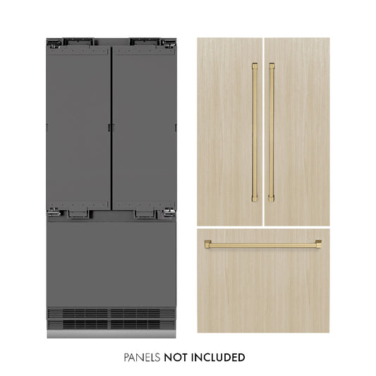 ZLINE Autograph Edition 36 in. 19.6 cu. ft. Panel Ready French Door Built-In Bottom Freezer Refrigerator with Water Dispenser and Ice Maker with Graphite Gray Interior and Champagne Bronze Accents (GRBIVZ-36-CB) front, next to custom panels and handles. Text: Panels not included.