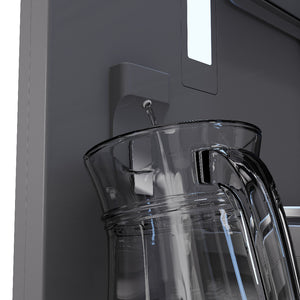 ZLINE Autograph Edition 36 in. 19.6 cu. ft. Panel Ready French Door Built-In Bottom Freezer Refrigerator with Water Dispenser and Ice Maker with Graphite Gray Interior and Champagne Bronze Accents (GRBIVZ-36-CB) close-up detail, internal water dispenser activated.