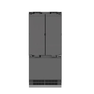 ZLINE Autograph Edition 36 in. 19.6 cu. ft. Panel Ready French Door Built-In Bottom Freezer Refrigerator with Water Dispenser and Ice Maker with Graphite Gray Interior and Polished Gold Accents (GRBIVZ-36-G) front, no panels, closed.