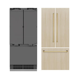 ZLINE Autograph Edition 36 in. 19.6 cu. ft. Panel Ready French Door Built-In Bottom Freezer Refrigerator with Water Dispenser and Ice Maker with Graphite Gray Interior and Polished Gold Accents (GRBIVZ-36-G) front, closed, next to custom panels with handles installed.