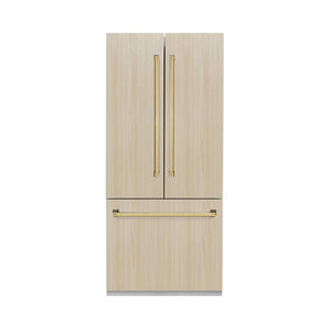 ZLINE Autograph Edition 36 in. 19.6 cu. ft. Panel Ready French Door Built-In Bottom Freezer Refrigerator with Water Dispenser and Ice Maker with Graphite Gray Interior and Polished Gold Accents (GRBIVZ-36-G) front, with custom panels on.