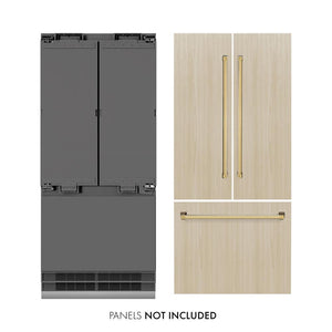 ZLINE Autograph Edition 36 in. 19.6 cu. ft. Panel Ready French Door Built-In Bottom Freezer Refrigerator with Water Dispenser and Ice Maker with Graphite Gray Interior and Polished Gold Accents (GRBIVZ-36-G) front, next to custom panels and handles. Text: Panels not included.