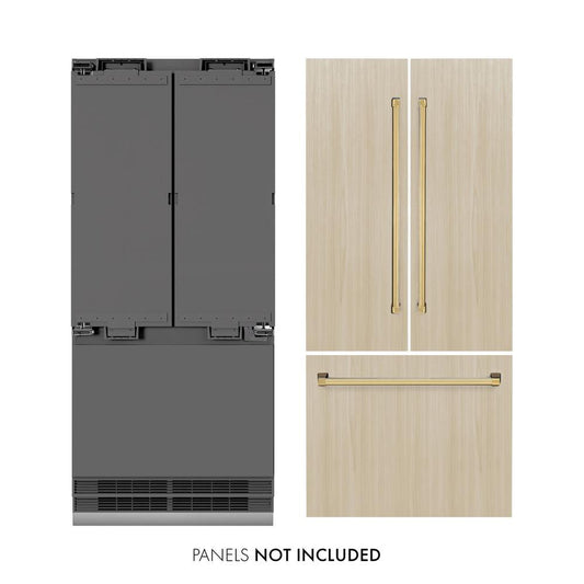 ZLINE Autograph Edition 36 in. 19.6 cu. ft. Panel Ready French Door Built-In Bottom Freezer Refrigerator with Water Dispenser and Ice Maker with Graphite Gray Interior and Polished Gold Accents (GRBIVZ-36-G) front, next to custom panels and handles. Text: Panels not included.