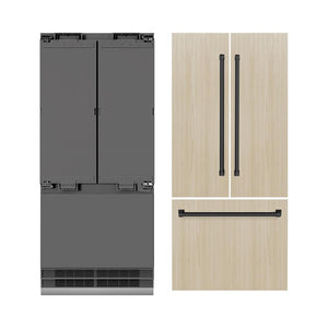 ZLINE Autograph Edition 36 in. 19.6 cu. ft. Panel Ready French Door Built-In Bottom Freezer Refrigerator with Water Dispenser and Ice Maker with Graphite Gray Interior and Matte Black Accents (GRBIVZ-36-MB) front, closed, next to custom panels with handles installed.