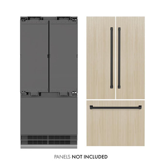ZLINE Autograph Edition 36 in. 19.6 cu. ft. Panel Ready French Door Built-In Bottom Freezer Refrigerator with Water Dispenser and Ice Maker with Graphite Gray Interior and Matte Black Accents (GRBIVZ-36-MB) front, next to custom panels and handles. Text: Panels not included.