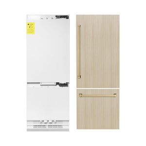 ZLINE Autograph Edition 30 in. 16.1 cu. ft. Panel Ready Built-In Bottom Freezer Refrigerator with Water Dispenser and Ice Maker with Champagne Bronze Accents (RBIVZ-30-CB) front, closed, next to custom panels with handles installed.