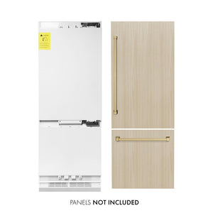 ZLINE Autograph Edition 30 in. 16.1 cu. ft. Panel Ready Built-In Bottom Freezer Refrigerator with Water Dispenser and Ice Maker with Champagne Bronze Accents (RBIVZ-30-CB) front, closed, next to custom panels with handles installed. Text: Panels not included. Trim kit included.
