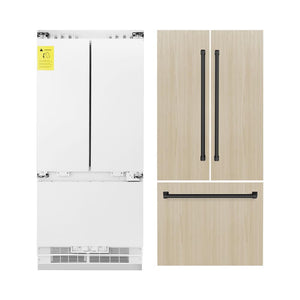 ZLINE Autograph Edition 36 in. 19.6 cu. ft. Panel Ready French Door Built-In Bottom Freezer Refrigerator with Water Dispenser and Ice Maker with Matte Black Accents (RBIVZ-36-MB) front, closed, next to custom panels with handles installed.