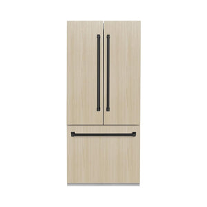 ZLINE Autograph Edition 36 in. 19.6 cu. ft. Panel Ready French Door Built-In Bottom Freezer Refrigerator with Water Dispenser and Ice Maker with Matte Black Accents (RBIVZ-36-MB) front, with custom panels on.