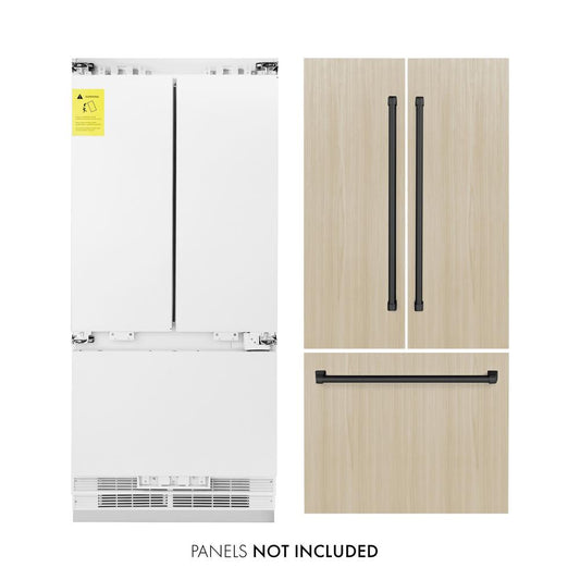 ZLINE Autograph Edition 36 in. 19.6 cu. ft. Panel Ready French Door Built-In Bottom Freezer Refrigerator with Water Dispenser and Ice Maker with Matte Black Accents (RBIVZ-36-MB) front, next to custom panels and handles. Text: Panels not included.