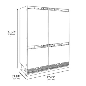 ZLINE Autograph Edition 60 in. 32.2 cu. ft. Panel Ready French Door Built-In Bottom Freezer Refrigerator with Water Dispenser and Ice Maker with Champagne Bronze Accents (RBIVZ-60-CB) dimensional diagram.