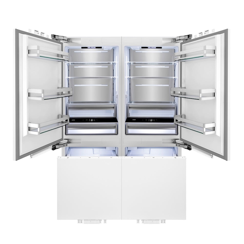 ZLINE Autograph Edition 60 in. 32.2 cu. ft. Panel Ready French Door Built-In Bottom Freezer Refrigerator with Water Dispenser and Ice Maker with Champagne Bronze Accents (RBIVZ-60-CB) front, refrigeration compartment and bottom freezer open with interior lighting activated.