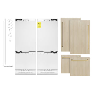 ZLINE Autograph Edition 60 in. 32.2 cu. ft. Panel Ready French Door Built-In Bottom Freezer Refrigerator with Water Dispenser and Ice Maker with Champagne Bronze Accents (RBIVZ-60-CB) front, next to custom panels and handles.