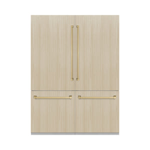 ZLINE Autograph Edition 60 in. 32.2 cu. ft. Panel Ready French Door Built-In Bottom Freezer Refrigerator with Water Dispenser and Ice Maker with Champagne Bronze Accents (RBIVZ-60-CB) front, with custom panels on.