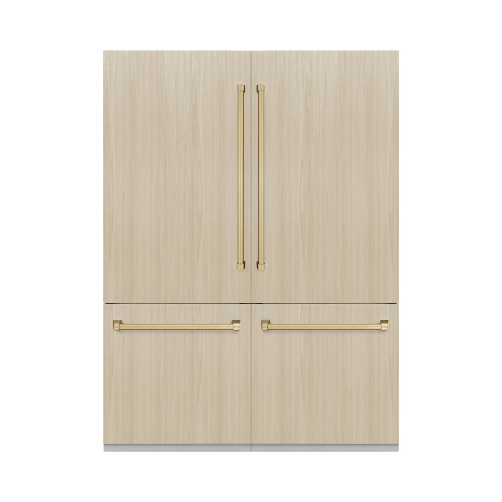 ZLINE Autograph Edition 60 in. 32.2 cu. ft. Panel Ready French Door Built-In Bottom Freezer Refrigerator with Water Dispenser and Ice Maker with Champagne Bronze Accents (RBIVZ-60-CB) front, closed, with panels.