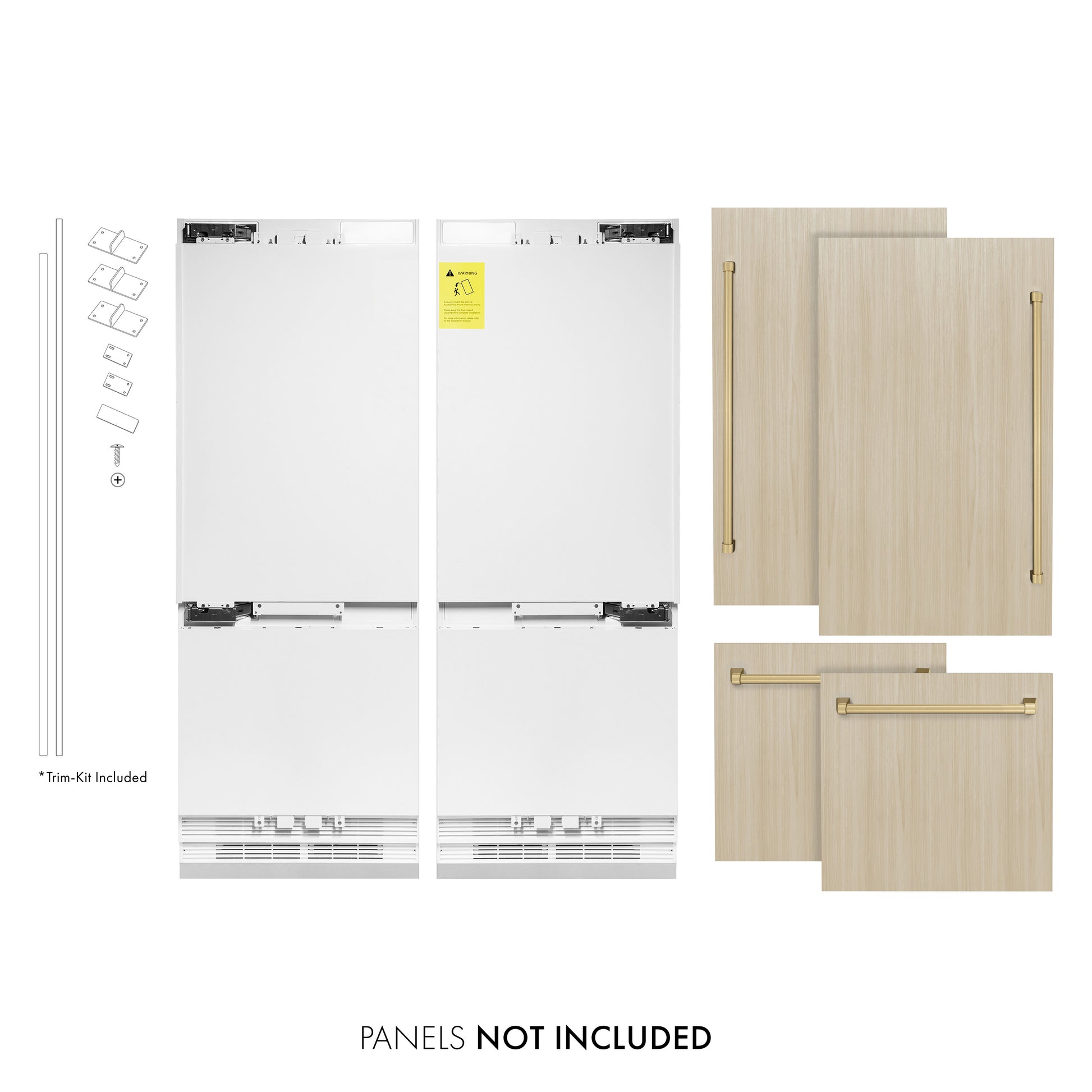 ZLINE Autograph Edition 60 in. 32.2 cu. ft. Panel Ready French Door Built-In Bottom Freezer Refrigerator with Water Dispenser and Ice Maker with Champagne Bronze Accents (RBIVZ-60-CB) front, next to custom panels and handles. Text: Panels not included.