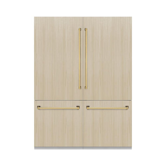 ZLINE Autograph Edition 60 in. 32.2 cu. ft. Panel Ready French Door Built-In Bottom Freezer Refrigerator with Water Dispenser and Ice Maker with Polished Gold Accents (RBIVZ-60-G) front, with custom panels on.