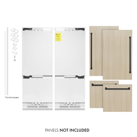ZLINE Autograph Edition 60 in. 32.2 cu. ft. Panel Ready French Door Built-In Bottom Freezer Refrigerator with Water Dispenser and Ice Maker with Matte Black Accents (RBIVZ-60-MB) front, next to custom panels and handles. Text: Panels not included.