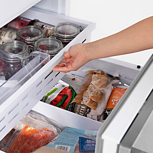 ZLINE Autograph Edition 30 in. 16.1 cu. ft. Built-In Bottom Freezer Refrigerator with Water Dispenser and Ice Maker in Satin Stainless Steel with Champagne Bronze Accents (RBIVZ-SN-30-CB) using bottom freezer drawers.