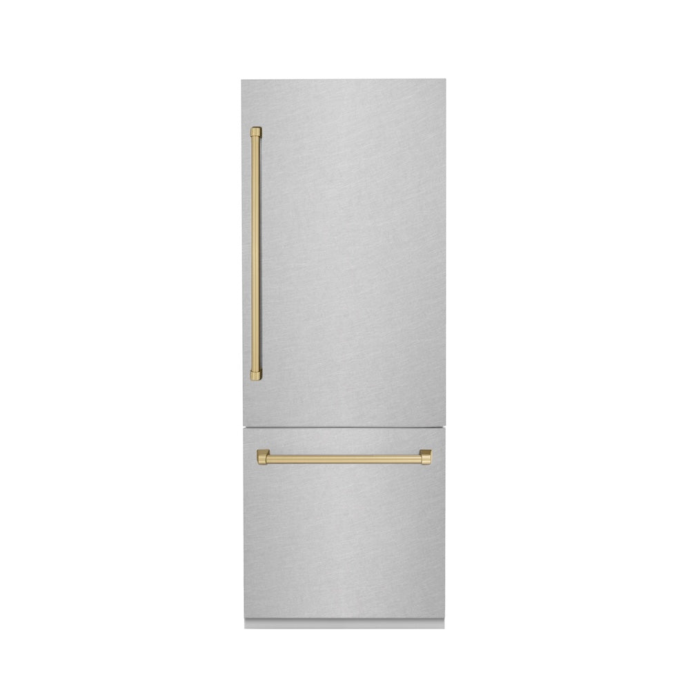ZLINE Autograph Edition 30 in. 16.1 cu. ft. Built-In Bottom Freezer Refrigerator with Water Dispenser and Ice Maker in Satin Stainless Steel with Champagne Bronze Accents (RBIVZ-SN-30-CB) front, closed.
