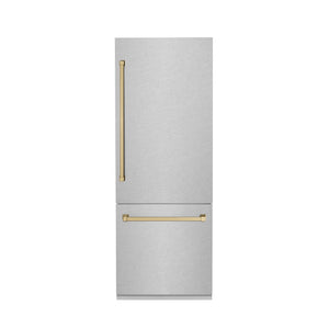 ZLINE Autograph Edition 30 in. 16.1 cu. ft. Built-In Bottom Freezer Refrigerator with Water Dispenser and Ice Maker in Satin Stainless Steel with Champagne Bronze Accents (RBIVZ-SN-30-CB) front, closed.