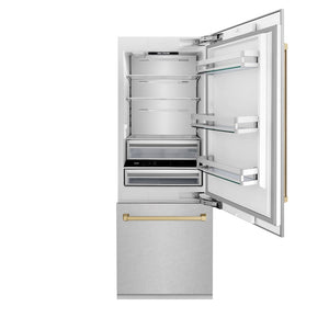 ZLINE Autograph Edition 30 in. 16.1 cu. ft. Built-In Bottom Freezer Refrigerator with Water Dispenser and Ice Maker in Satin Stainless Steel with Champagne Bronze Accents (RBIVZ-SN-30-CB) front, refrigeration compartment open.