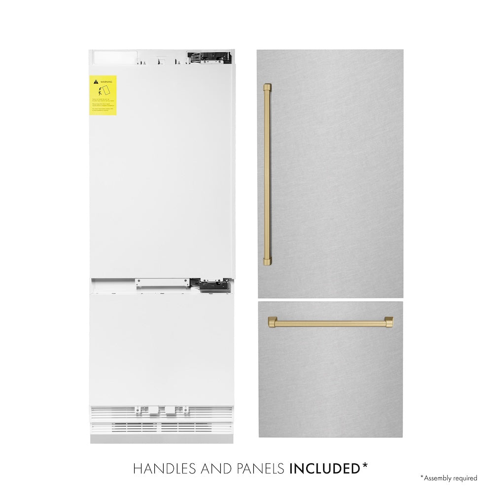 ZLINE Autograph Edition 30 in. 16.1 cu. ft. Built-In Bottom Freezer Refrigerator with Water Dispenser and Ice Maker in Satin Stainless Steel with Champagne Bronze Accents (RBIVZ-SN-30-CB) front. Next to panels and handles.