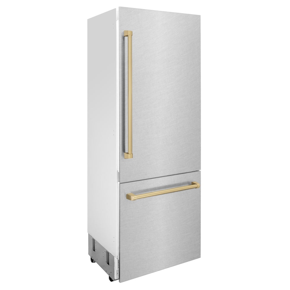 ZLINE Autograph Edition 30 in. 16.1 cu. ft. Built-In Bottom Freezer Refrigerator with Water Dispenser and Ice Maker in Satin Stainless Steel with Champagne Bronze Accents (RBIVZ-SN-30-CB) side, closed.
