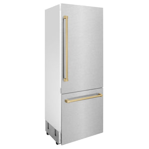 ZLINE Autograph Edition 30 in. 16.1 cu. ft. Built-In Bottom Freezer Refrigerator with Water Dispenser and Ice Maker in Satin Stainless Steel with Champagne Bronze Accents (RBIVZ-SN-30-CB) side, closed.