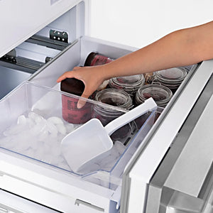 ZLINE Autograph Edition 30 in. 16.1 cu. ft. Built-In Bottom Freezer Refrigerator with Water Dispenser and Ice Maker in Satin Stainless Steel with Matte Black Accents (RBIVZ-SN-30-MB) accessing food in bottom freezer.