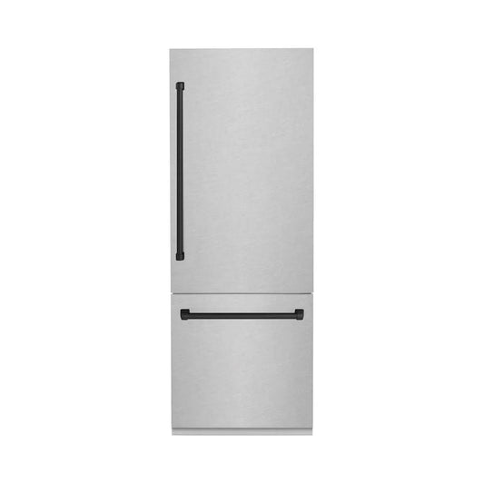 ZLINE Autograph Edition 30 in. 16.1 cu. ft. Built-In Bottom Freezer Refrigerator with Water Dispenser and Ice Maker in Satin Stainless Steel with Matte Black Accents (RBIVZ-SN-30-MB) main image.