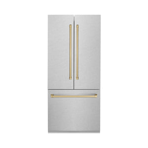 ZLINE Autograph Edition 36 in. 19.6 cu. ft. French Door Built-In Bottom Freezer Refrigerator with Water Dispenser and Ice Maker in Satin Stainless Steel with Champagne Bronze Accents (RBIVZ-SN-36-CB) front.
