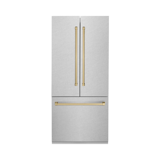 ZLINE Autograph Edition 36 in. 19.6 cu. ft. French Door Built-In Bottom Freezer Refrigerator with Water Dispenser and Ice Maker in Satin Stainless Steel with Champagne Bronze Accents (RBIVZ-SN-36-CB) front.