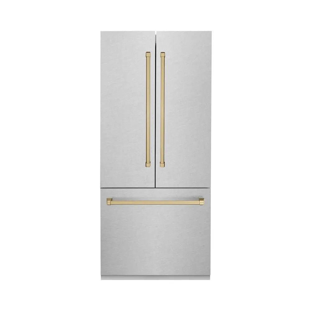 ZLINE Autograph Edition 36 in. 19.6 cu. ft. French Door Built-In Bottom Freezer Refrigerator with Water Dispenser and Ice Maker in Satin Stainless Steel with Champagne Bronze Accents (RBIVZ-SN-36-CB) main image.