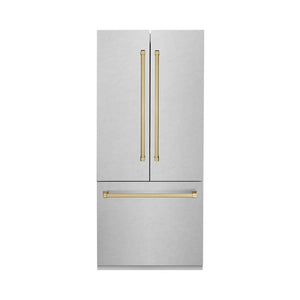 ZLINE Autograph Edition 36 in. 19.6 cu. ft. French Door Built-In Bottom Freezer Refrigerator with Water Dispenser and Ice Maker in Satin Stainless Steel with Champagne Bronze Accents (RBIVZ-SN-36-CB) main image.