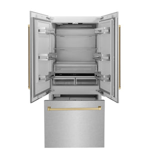 ZLINE Autograph Edition 36 in. 19.6 cu. ft. French Door Built-In Bottom Freezer Refrigerator with Water Dispenser and Ice Maker in Satin Stainless Steel with Champagne Bronze Accents (RBIVZ-SN-36-CB) front, refrigeration compartment and bottom freezer open.