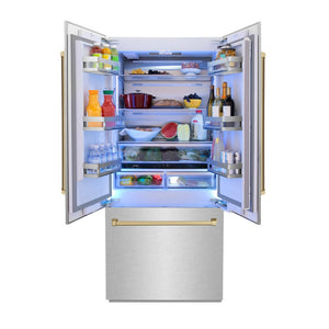 ZLINE Autograph Edition 36 in. 19.6 cu. ft. French Door Built-In Bottom Freezer Refrigerator with Water Dispenser and Ice Maker in Satin Stainless Steel with Champagne Bronze Accents (RBIVZ-SN-36-CB) front, open, with food inside refrigeration compartment.