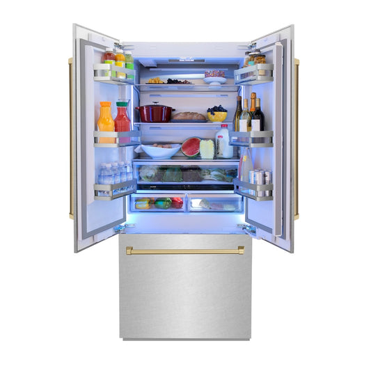ZLINE Autograph Edition 36 in. 19.6 cu. ft. French Door Built-In Bottom Freezer Refrigerator with Water Dispenser and Ice Maker in Satin Stainless Steel with Champagne Bronze Accents (RBIVZ-SN-36-CB) front, open, with food inside refrigeration compartment.