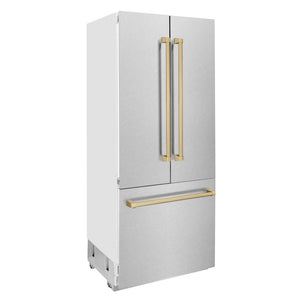 ZLINE Autograph Edition 36 in. 19.6 cu. ft. French Door Built-In Bottom Freezer Refrigerator with Water Dispenser and Ice Maker in Satin Stainless Steel with Champagne Bronze Accents (RBIVZ-SN-36-CB) side, closed.